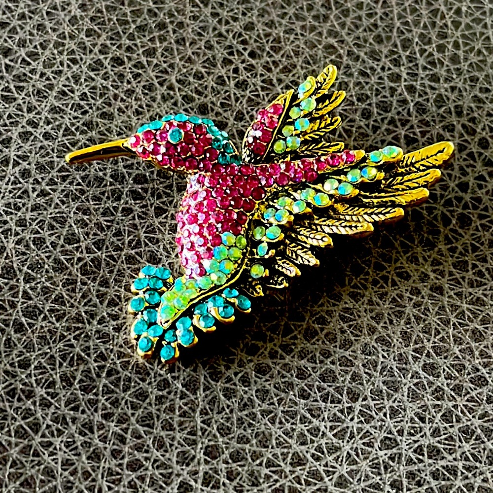 Crystal Rhinestone Pink, Green, Blue and Gold Hummingbird Brooch